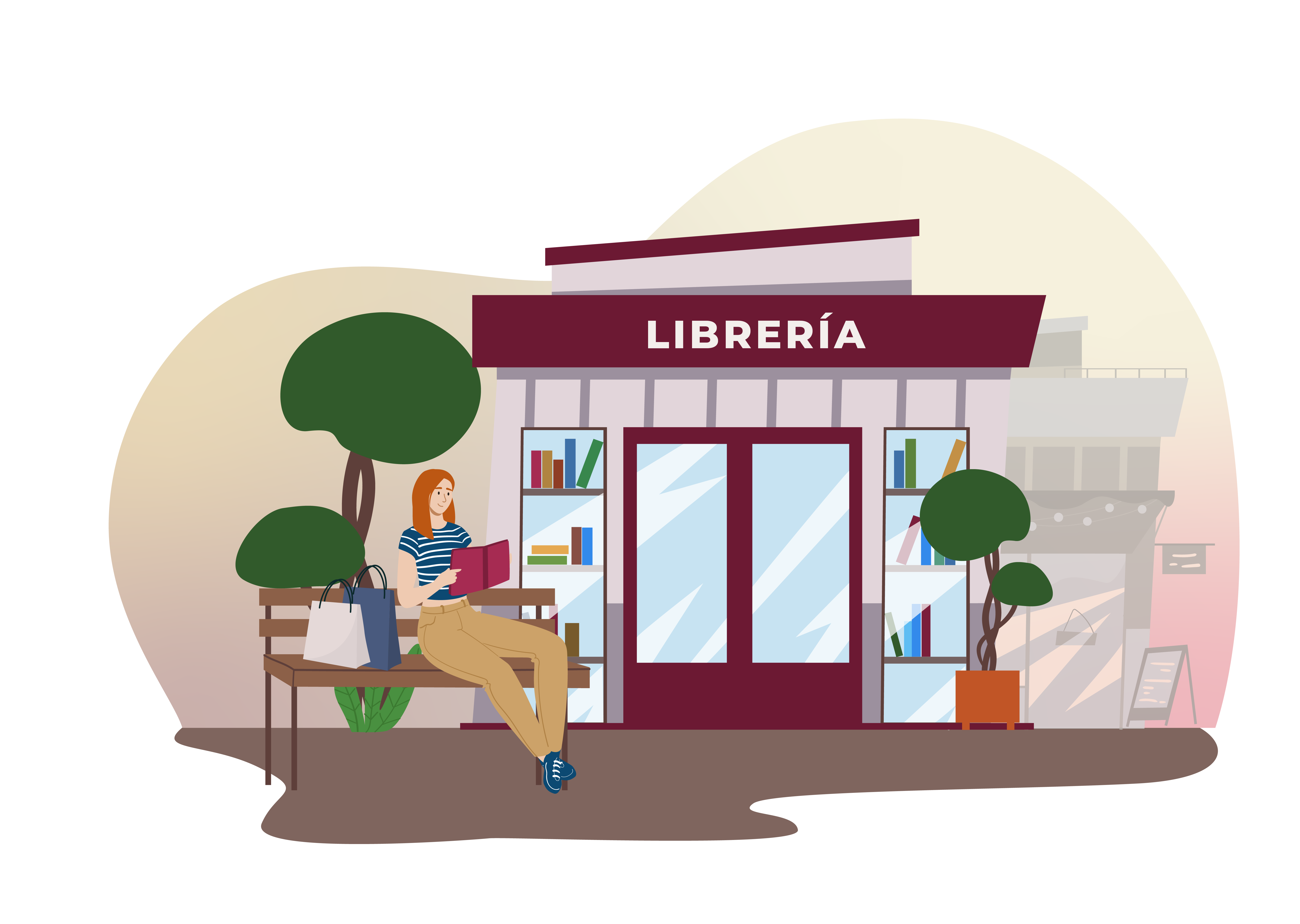 Il·lustració d'una llibreria amb una lectora al banc
