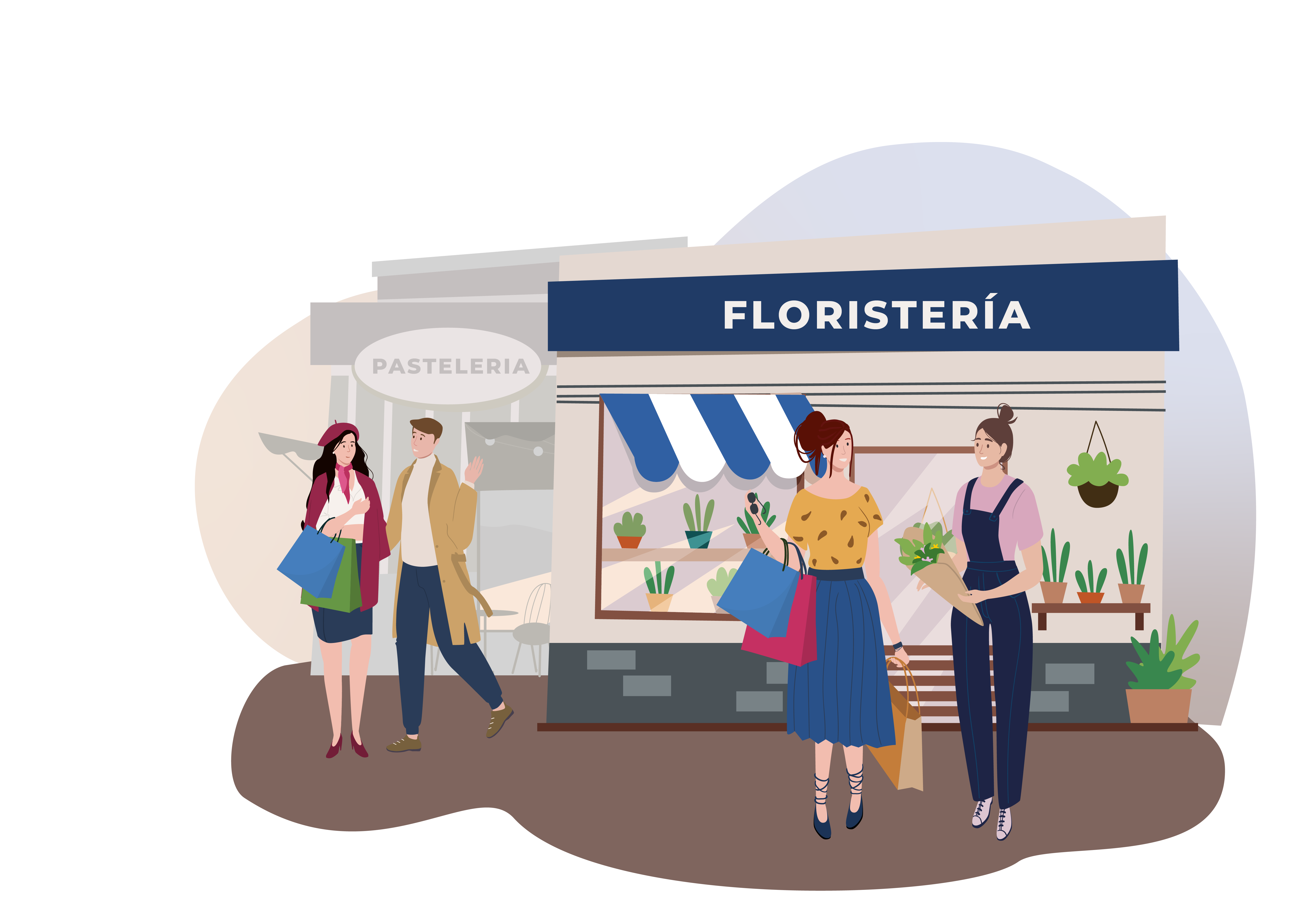 Il·lustració d'una floristeria i comerços locals amb veïns comprant
